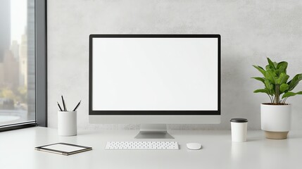 Fototapeta premium Modern office desk with desktop computer, notebook, and plant against a minimalist background.