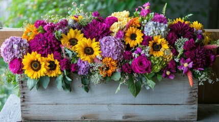 Soft pastel hydrangeas, bold sunflowers, and vibrant dahlias mixed with wild carrot and thistles in a rustic wooden container