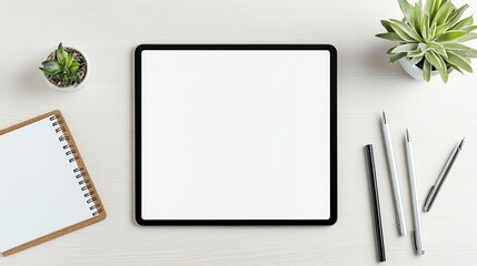 Top view of a modern workspace with a digital tablet, notebook, pens, and plants on a clean desk, blending technology with nature.