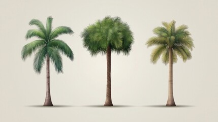 Three stylized palm trees with varying shapes and colors on a neutral background.