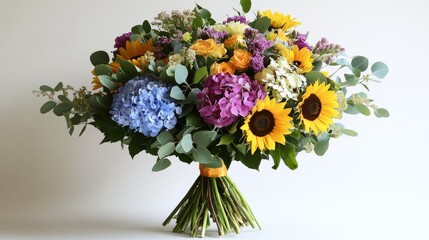 Obraz premium Vibrant hand-tied bouquet of mixed flowers, including hydrangeas, sunflowers, and eucalyptus leaves, ideal for gifting