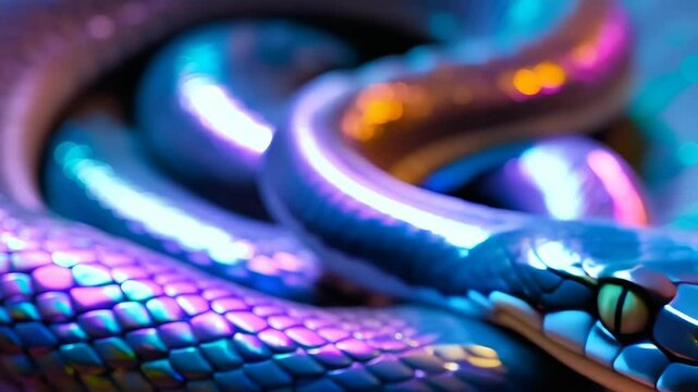 A snake with a purple head and blue body. The snake is curled up and he is in a dreamy, surreal state