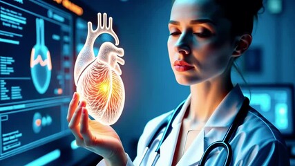 A medical professional examines a glowing heart model in a futuristic lab setting.