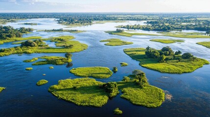 Aerial view River islands, lush vegetation, flooded plains, sunrise, travel brochure
