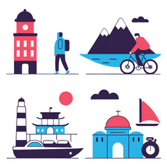 Stylish Black & White Travel Icons: Vacation & Adventure Symbols map sun sea car ship trip hotel    