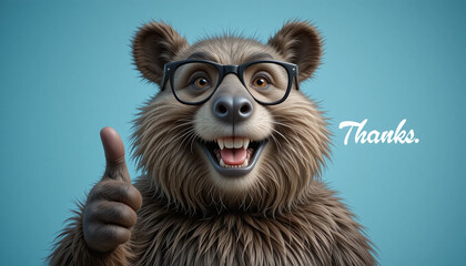 Portrait of a laughing raccoon with glasses, thumbs up with the text: "Thanks" AI Generative