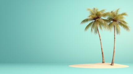 Fototapeta premium Two palm trees on a sandy island against a turquoise background, evoking a tropical vibe.