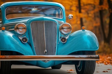 Restored light blue vintage car parked on an autumn road