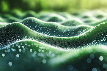 Abstract green undulating surface covered with shimmering white dots, evoking the appearance of a lush, futuristic landscape with a natural glow