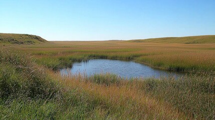 Prairie wetland pond, autumn grasses, clear sky, travel brochure