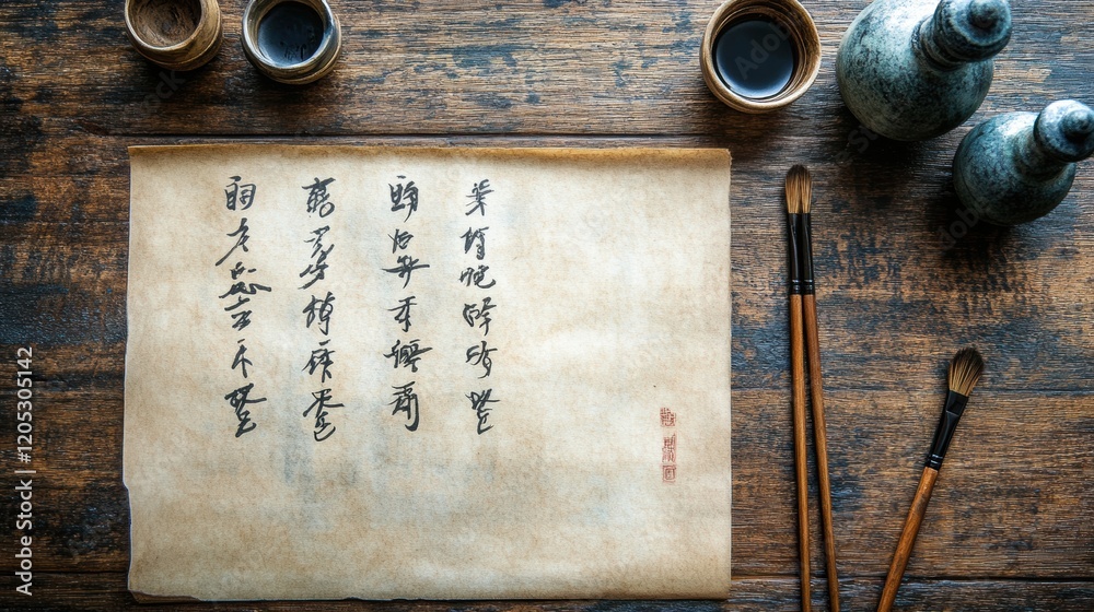 Poster Traditional ink calligraphy setup on wooden table with scroll and brushes in a serene artistic environment. Generative AI