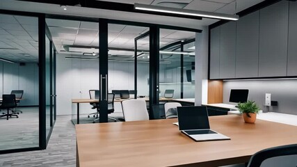 Modern office with clean design and ample natural lighting, emphasizing productivity and collaboration in a professional setting