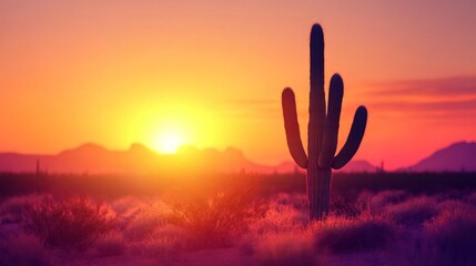 Saguaro Cactus Silhouetted Against a Vibrant Sunset