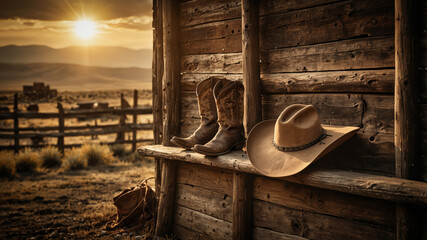 A cowboy hat on an old wooden fence, near a pair of old cowboy boots, nostalgic image