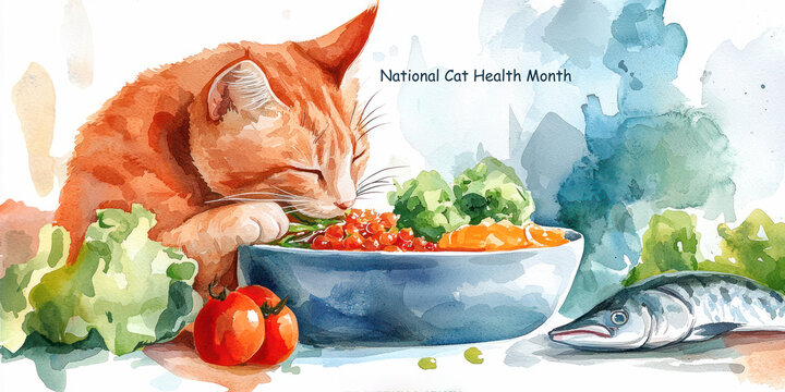 National Cat Health Month celebration featuring a watercolor illustration of an orange tabby cat next to a bowl of vegetables, fresh fish, and healthy food.