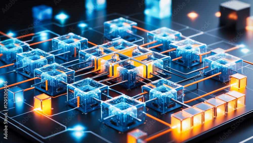 Wall mural interconnected transparent cubes in an abstract technology composition