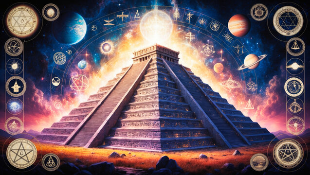 An esoteric pyramid under a starry night sky. Hermetic and ancient wisdom concept.
