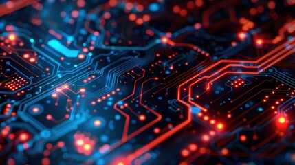 Close up of a circuit board with blue and red lights