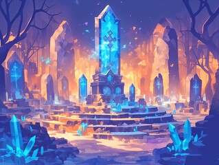 Obraz premium A crystal stone forest with smooth-edged pillars against a bright colorful background