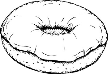 A simple black and white vector illustration of a classic donut in a hand-drawn style. Perfect for bakery branding, pastry shop branding, dessert menus, snack packaging, culinary or holiday projects