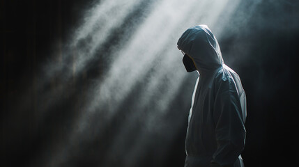 A protective-clad worker managing asbestos tiles in an industrial facility, with shafts of light breaking through the dusty air and reflecting off metallic surfaces