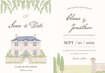 Wedding invitation card template mansion venue house watercolor landscape