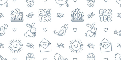 Easter hand-drawn doodle seamless pattern. Cute black and white spring symbols chickens, rabbits, eggs and flowers