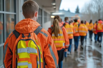 Inspecting a school's safety procedures during a fire drill, with students following evacuation routes and safety protocols in place.