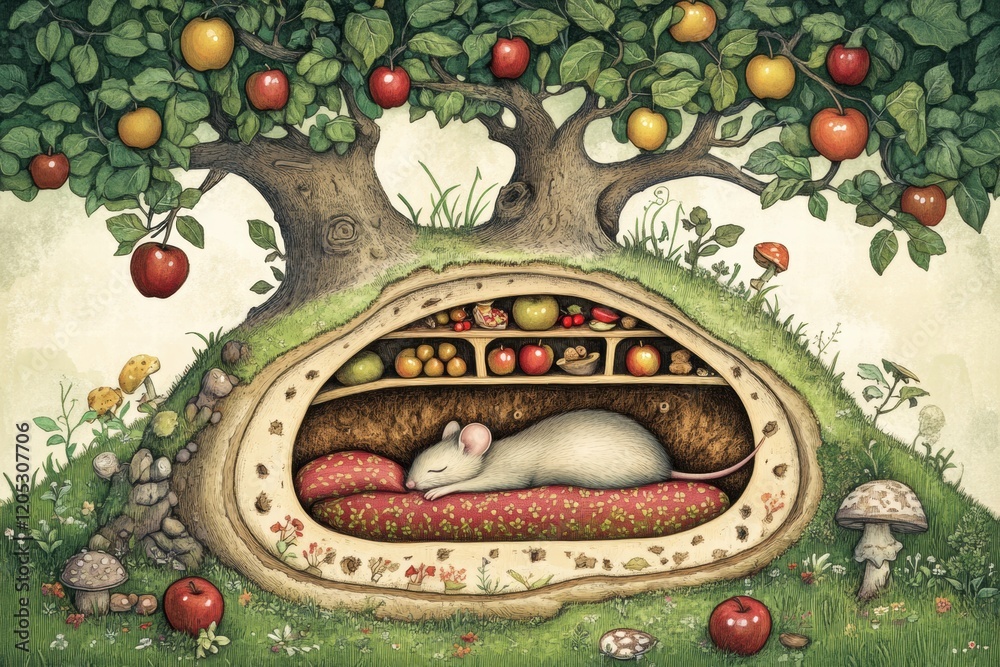 Aufkleber cozy mouse resting peacefully inside a tree hollow adorned with apples and colorful foliage in a whi