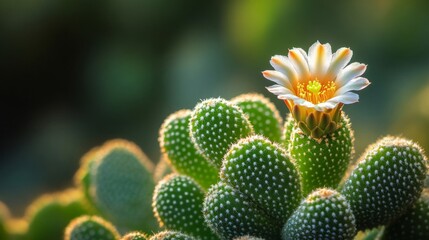 A delicate cactus blossom graces a cluster of green prickly pads