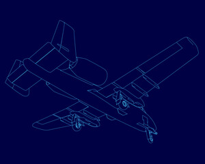 Blue airplane is shown in a blue drawing. The airplane is a fighter jet with a large wing and two engines. The drawing is of a stylized, cartoonish version of the plane