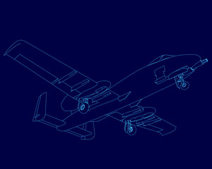 Blue airplane is shown in a blue background. The airplane is a fighter jet. The image is a drawing of the plane