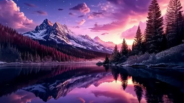 A serene landscape featuring moraine lake mountains, a lake, and vibrant sunset colors reflecting on the water.