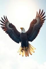 Obraz premium A hopeful young eagle soaring through a bright sunlit sky against a white background, sunshine, leadership, hope