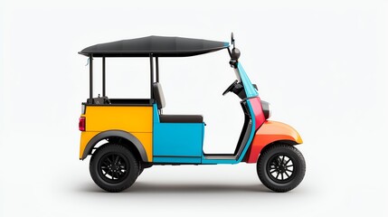 Colorful electric tuk-tuk against white background, showcasing modern design and eco-friendly urban transportation.