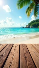 Fototapeta premium A set of empty wooden planks with a blurred beach scene and sea on the background, nature, blur effect, landscape