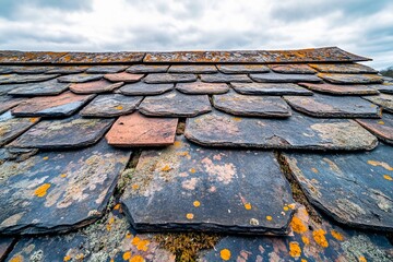 Roof covered with weathered slate tiles reflecting the passage of time in a cloudy sky