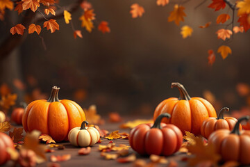 Naklejka premium Thanksgiving day banner. Holiday background with realistic 3d orange pumpkin in pilgrim hat, autumn leaves. Horizontal holiday poster, header for website. High quality 3d illustration