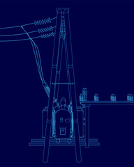 Blue drawing of a power line with a power station in the middle. The drawing is in blue and is very detailed