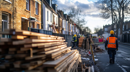 Fototapeta premium A construction site bustling with activity as workers install wooden panels on terraced houses, with stacks of wood and metal frames nearby