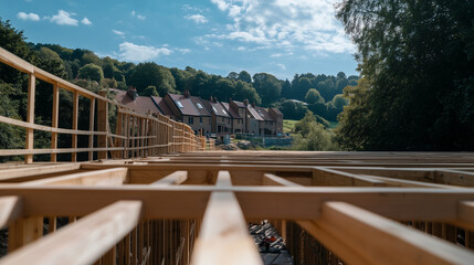 A detailed view of the timber frames of wooden terraced houses under construction, highlighting craftsmanship and sustainable building techniques