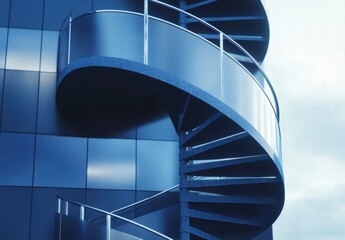 A spiral staircase is shown in front of a building