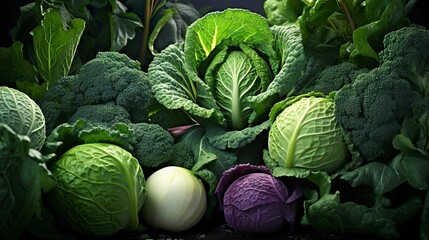 A photo of a variety of cabbages and leafy green