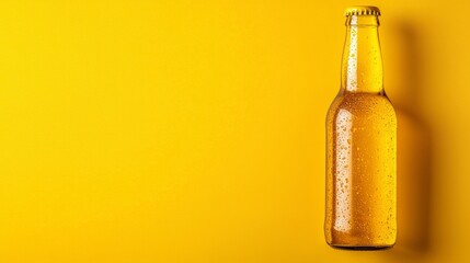 A single bottle of chilled beer stands on a vibrant yellow background, ready to quench your thirst.