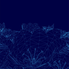 Blue background with a flower in the foreground. The flower is made up of many small triangles