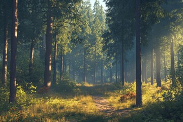 Serene forest scene with sunlight filtering through conifers, creating a peaceful atmosphere
