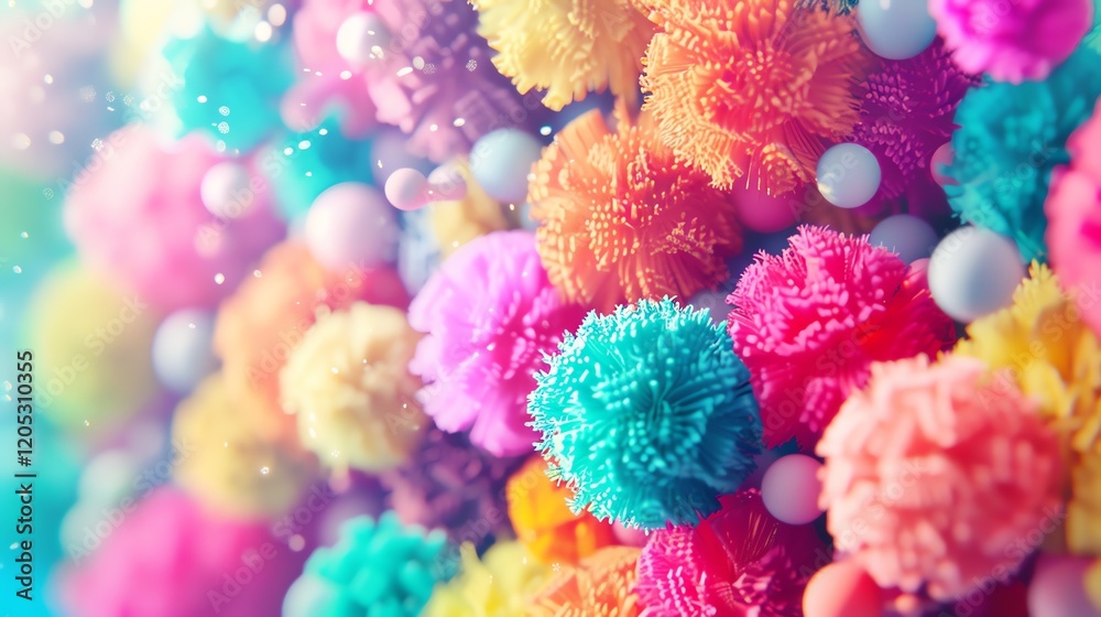 Wall mural this is an abstract image of a bunch of colorful 3d spheres with a fibrous texture.