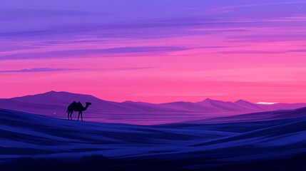 Fototapeta premium Lone Camel Silhouette at Sunset Over Purple Mountains