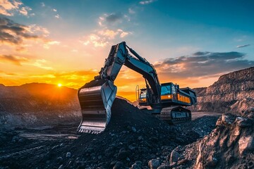 Bold machinery moves earth at sunset in an active mining site