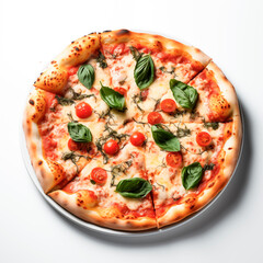 round pizza with tomatoes and spinach on a plate, on a white background